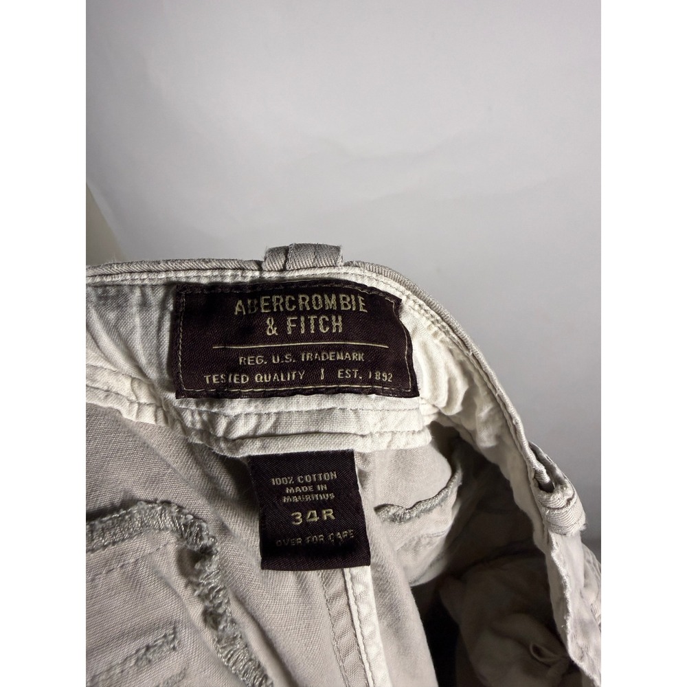 Abercrombie‎ & Fitch Mens Khaki Cargo Pants 34R Tan Cotton Drawstring Frayed Hem - Picture 7 of 9